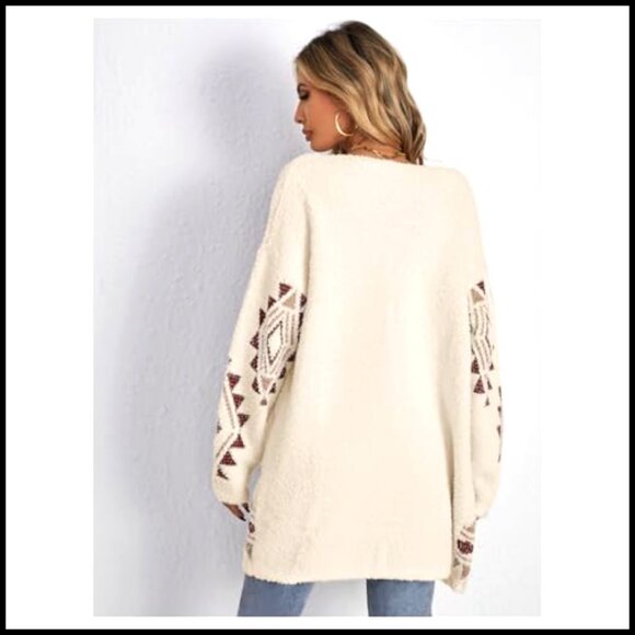 Long Sleeve Open Front Cardigan, Chunky Knit, Drop Shoulder, Boho Style - Picture 2 of 6